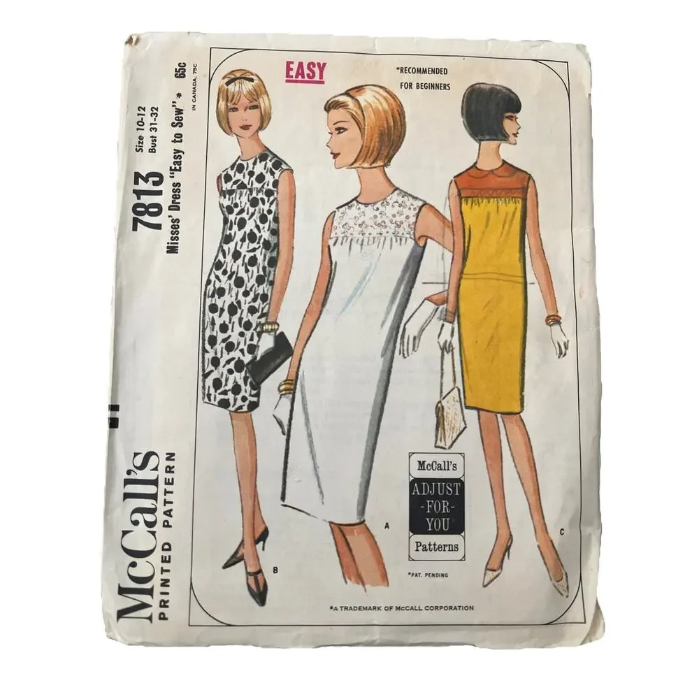 Vtg 60's McCall's 7813 SLEEVELESS Sheath DRESS Sewing Pattern Size 10-12